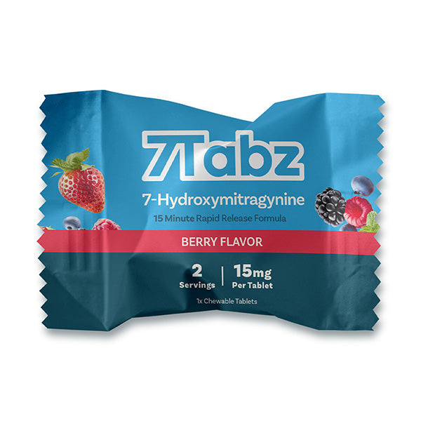 Blue and red package of Tlabz 7-Hydroxymitragynine with berry flavor on a white background