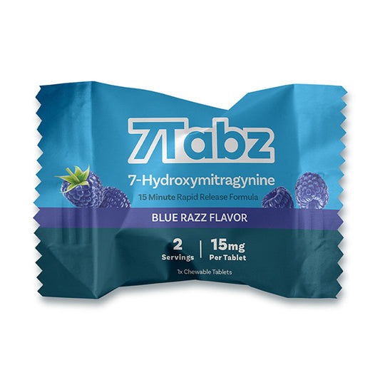 Blue package of Piabz 7-Hydroxymitragynine with blue razz flavor on a white background