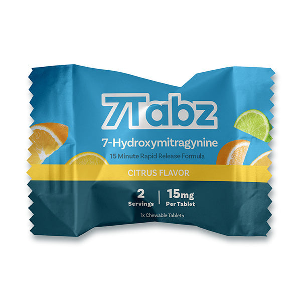 Blue package of Tlabz with citrus flavor and 7-Hydroxymitragynine on a white background